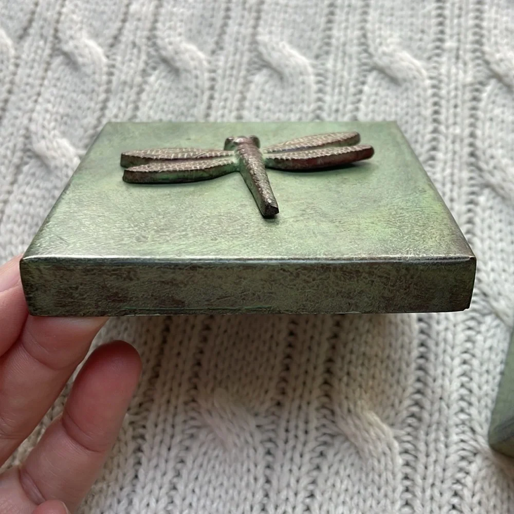 Metal dragonfly trinket box with lid 3.5” square 2” tall. Green painted finish